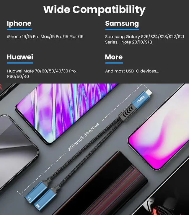 Alt view image 7 of 7 - USB C Splitter 1 in 2 Out, 32bit/384kHz Type C Splitter Headphone and Charger Adapter with PD 60W Fast Charging Support Call Music for iPhone 16/15 Series, iPad, MacBook and More