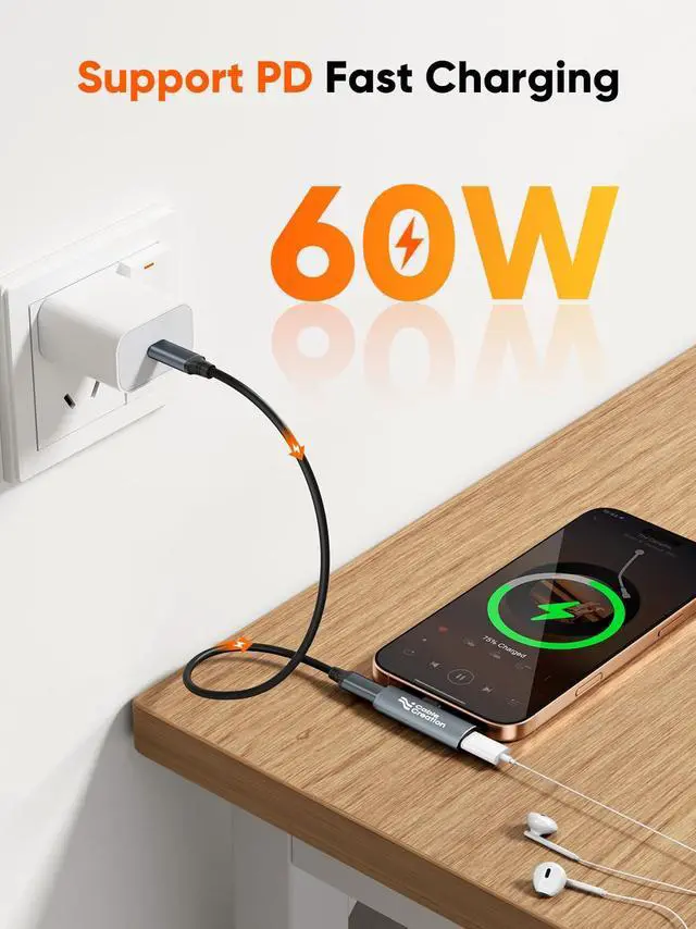 Alt view image 3 of 7 - Type C Aux Cord Adapter with PD 60W Fast Charging Splitter