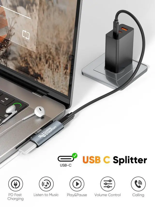 Alt view image 4 of 7 - Type C Aux Cord Adapter with PD 60W Fast Charging Splitter