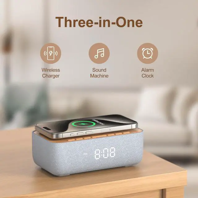 Alt view image 2 of 7 - 15W Magnetic Wireless Charging Alarm Clock with White Noise Machine