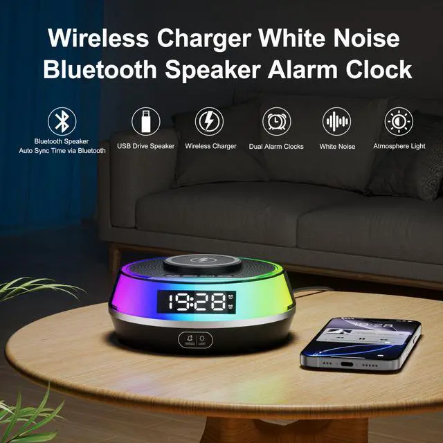 Alt view image 3 of 7 - Charger Alarm Clock for Bedroom, 5W Bluetooth Speaker, 12 Soothing Sounds Machine, Dual Alarms, RGB Light, Ideal Gift for Heavy Sleepers, Adults, Teens, Kids, Senior(Black)