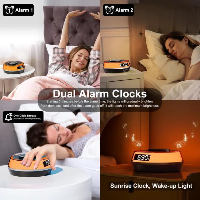 Alt view image 4 of 7 - Charger Alarm Clock for Bedroom, 5W Bluetooth Speaker, 12 Soothing Sounds Machine, Dual Alarms, RGB Light, Ideal Gift for Heavy Sleepers, Adults, Teens, Kids, Senior(Black)