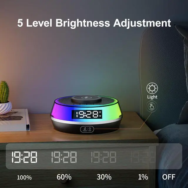 Alt view image 5 of 7 - Charger Alarm Clock for Bedroom, 5W Bluetooth Speaker, 12 Soothing Sounds Machine, Dual Alarms, RGB Light, Ideal Gift for Heavy Sleepers, Adults, Teens, Kids, Senior(Black)