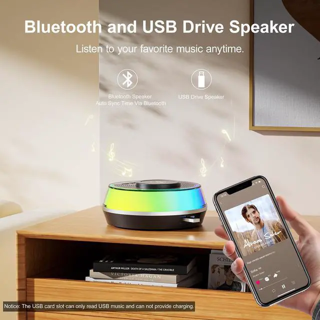 Alt view image 7 of 7 - Charger Alarm Clock for Bedroom, 5W Bluetooth Speaker, 12 Soothing Sounds Machine, Dual Alarms, RGB Light, Ideal Gift for Heavy Sleepers, Adults, Teens, Kids, Senior(Black)