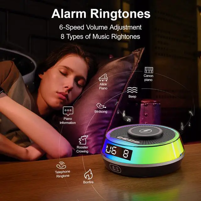 Alt view image 6 of 7 - Charger Alarm Clock for Bedroom, 5W Bluetooth Speaker, 12 Soothing Sounds Machine, Dual Alarms, RGB Light, Ideal Gift for Heavy Sleepers, Adults, Teens, Kids, Senior(Black)