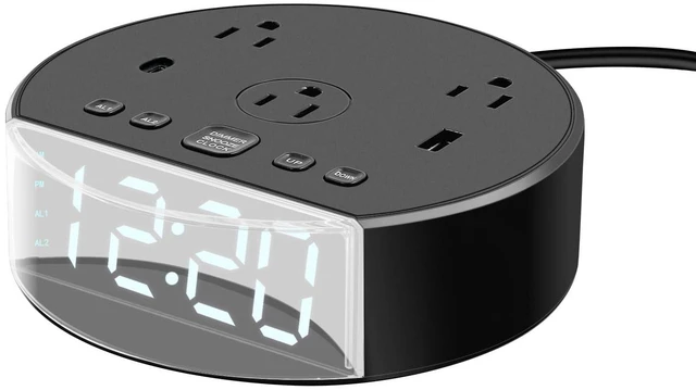 Main image of ELMWAY Alarm Clock with Outlets and USB Charging Station, Loud Digital Clock for Heavy Sleepers, Large Dimmable LED Display with 0-100% Brightness, Bedside Clock with 3 AC Outlets and 2 USB Ports