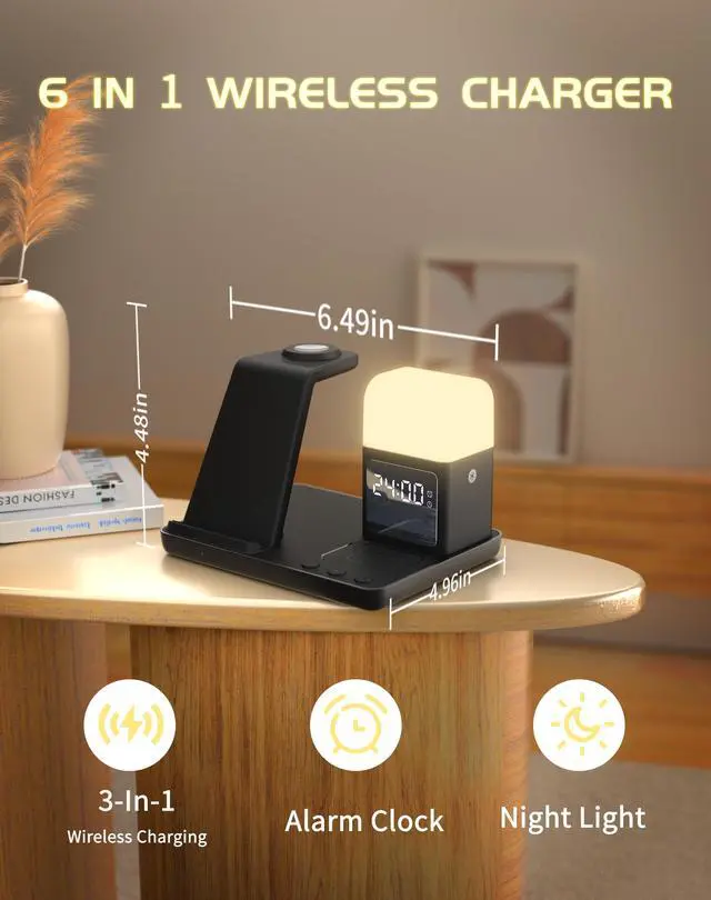 Alt view image 2 of 7 - Wireless Charger for iPhone, 6in1 Fast Phone Charger Stand Dock Alarm Clock Night Light, Wireless Charging Station for Apple Watch, for Airpods 3/2/Pro, for iPhone 17/1615/14/13/12/11/Pro/Max (Black)