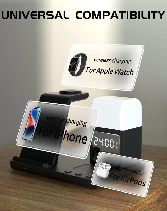 Alt view image 3 of 7 - Wireless Charger for iPhone, 6in1 Fast Phone Charger Stand Dock Alarm Clock Night Light, Wireless Charging Station for Apple Watch, for Airpods 3/2/Pro, for iPhone 17/1615/14/13/12/11/Pro/Max (Black)