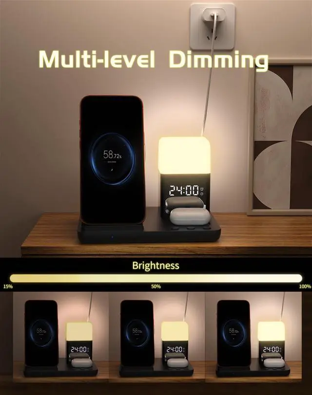 Alt view image 4 of 7 - Wireless Charger for iPhone, 6in1 Fast Phone Charger Stand Dock Alarm Clock Night Light, Wireless Charging Station for Apple Watch, for Airpods 3/2/Pro, for iPhone 17/1615/14/13/12/11/Pro/Max (Black)