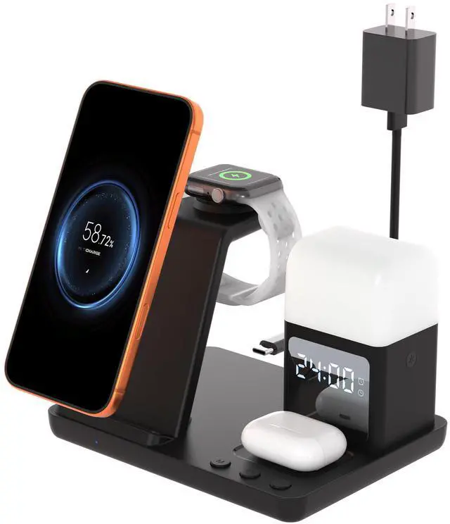 Main image of Wireless Charger for iPhone, 6in1 Fast Phone Charger Stand Dock Alarm Clock Night Light, Wireless Charging Station for Apple Watch, for Airpods 3/2/Pro, for iPhone 17/1615/14/13/12/11/Pro/Max (Black)