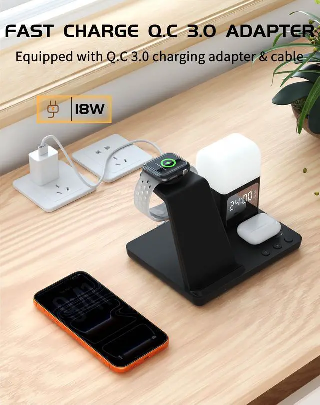 Alt view image 7 of 7 - Wireless Charger for iPhone, 6in1 Fast Phone Charger Stand Dock Alarm Clock Night Light, Wireless Charging Station for Apple Watch, for Airpods 3/2/Pro, for iPhone 17/1615/14/13/12/11/Pro/Max (Black)
