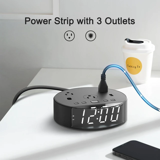 Alt view image 5 of 6 - ELMWAY Alarm Clock with Outlets and USB Charging Station, Loud Digital Clock for Heavy Sleepers, Large Dimmable LED Display with 0-100% Brightness, Bedside Clock with 3 AC Outlets and 2 USB Ports