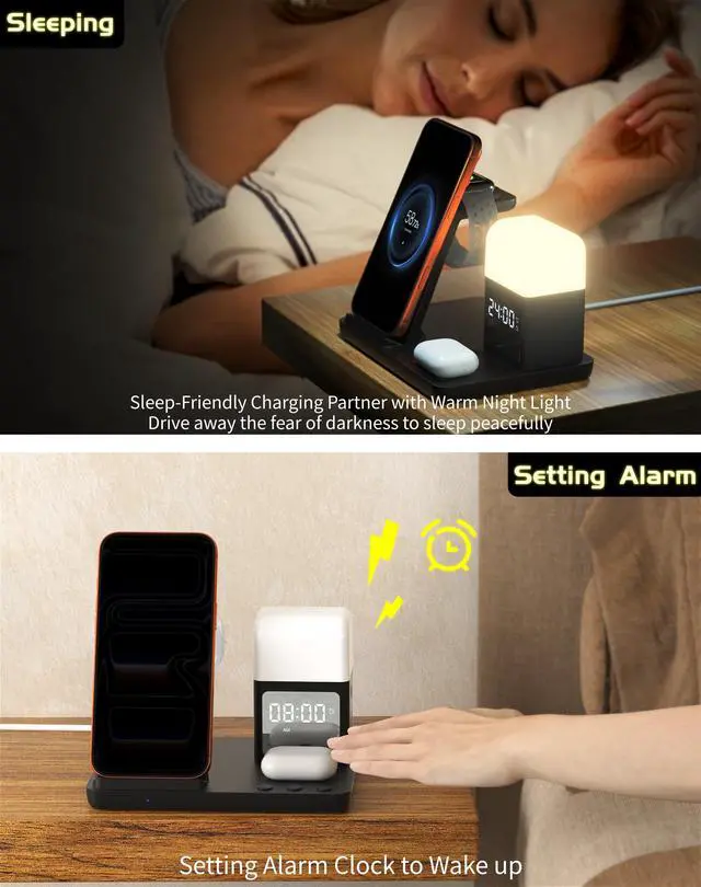 Alt view image 5 of 7 - Wireless Charger for iPhone, 6in1 Fast Phone Charger Stand Dock Alarm Clock Night Light, Wireless Charging Station for Apple Watch, for Airpods 3/2/Pro, for iPhone 17/1615/14/13/12/11/Pro/Max (Black)