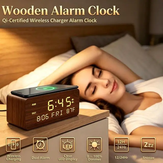 Alt view image 2 of 7 - Wooden Digital Alarm Clock with Wireless Charging, 0-100% Adjustable Brightness Dimmer and Alarm Volume, Weekday/Weekend Mode, Dual Alarm, Snooze, 12/24H, Wood LED Clock for Bedroom (Brown)