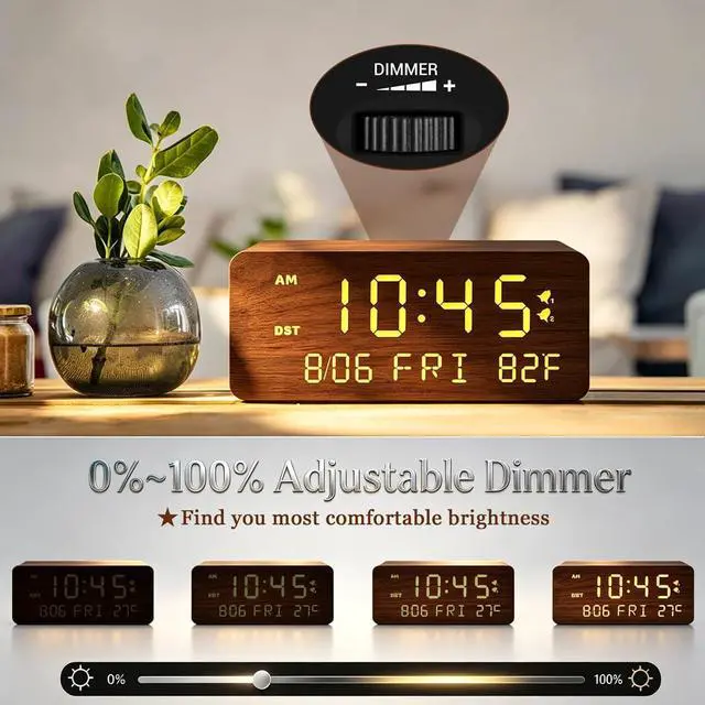 Alt view image 5 of 7 - Wooden Digital Alarm Clock with Wireless Charging, 0-100% Adjustable Brightness Dimmer and Alarm Volume, Weekday/Weekend Mode, Dual Alarm, Snooze, 12/24H, Wood LED Clock for Bedroom (Brown)