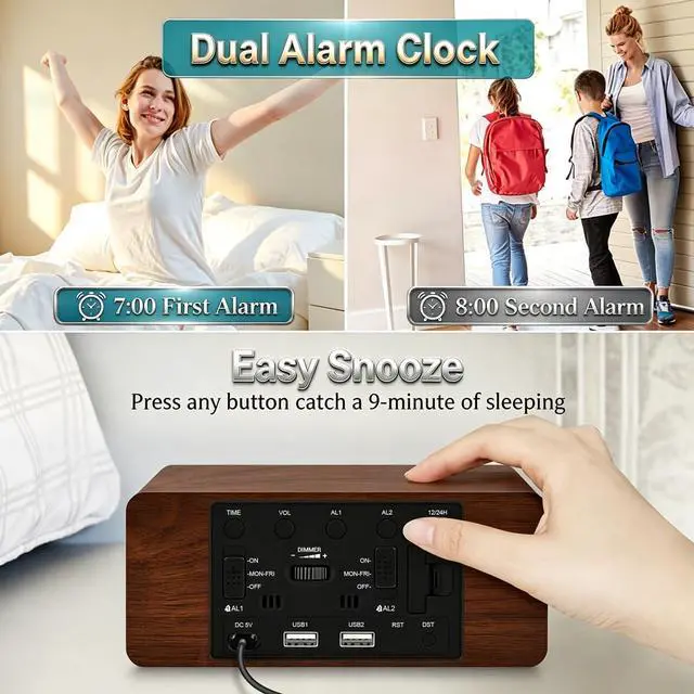 Alt view image 6 of 7 - Wooden Digital Alarm Clock with Wireless Charging, 0-100% Adjustable Brightness Dimmer and Alarm Volume, Weekday/Weekend Mode, Dual Alarm, Snooze, 12/24H, Wood LED Clock for Bedroom (Brown)