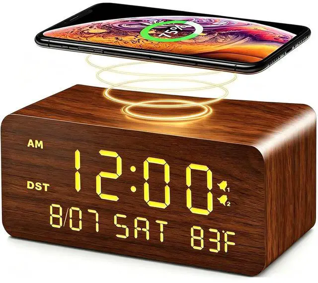 Main image of Wooden Digital Alarm Clock with Wireless Charging, 0-100% Adjustable Brightness Dimmer and Alarm Volume, Weekday/Weekend Mode, Dual Alarm, Snooze, 12/24H, Wood LED Clock for Bedroom (Brown)
