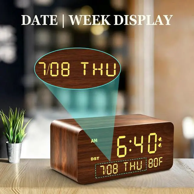 Alt view image 7 of 7 - Wooden Digital Alarm Clock with Wireless Charging, 0-100% Adjustable Brightness Dimmer and Alarm Volume, Weekday/Weekend Mode, Dual Alarm, Snooze, 12/24H, Wood LED Clock for Bedroom (Brown)