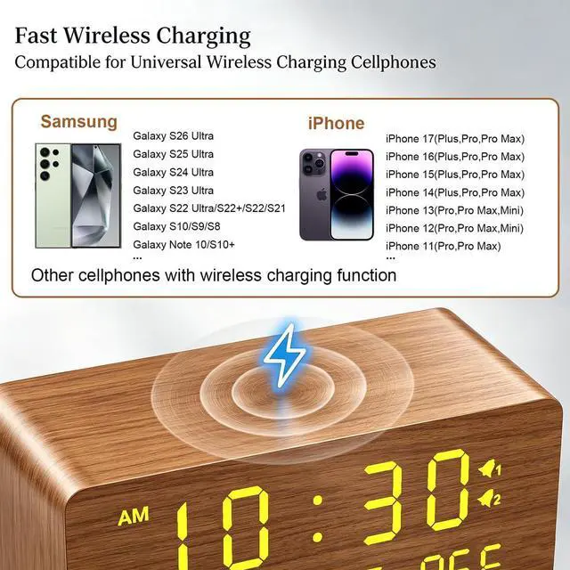 Alt view image 4 of 7 - Wooden Digital Alarm Clock with Wireless Charging, 0-100% Adjustable Brightness Dimmer and Alarm Volume, Weekday/Weekend Mode, Dual Alarm, Snooze, 12/24H, Wood LED Clock for Bedroom (Brown)