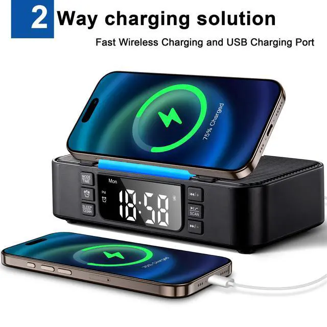 Alt view image 3 of 7 - 9-in-1 Wireless Charging Station with Bluetooth Speaker, Alarm Clock, FM Radio, Night Light Compatible iPhone 17/16/15/SamsungS25/S24/Android, USB/Type-C/AUX, Phone Holder, Adjustable Display