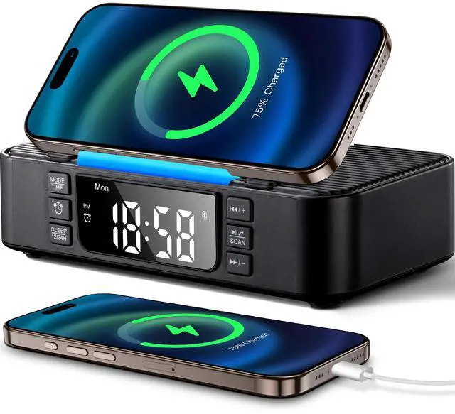 Main image of 9-in-1 Wireless Charging Station with Bluetooth Speaker, Alarm Clock, FM Radio, Night Light Compatible iPhone 17/16/15/SamsungS25/S24/Android, USB/Type-C/AUX, Phone Holder, Adjustable Display