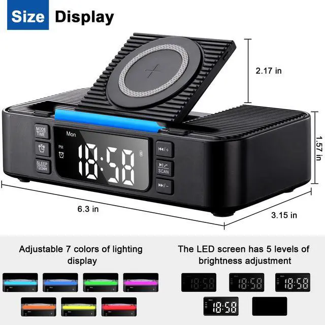 Alt view image 6 of 7 - 9-in-1 Wireless Charging Station with Bluetooth Speaker, Alarm Clock, FM Radio, Night Light Compatible iPhone 17/16/15/SamsungS25/S24/Android, USB/Type-C/AUX, Phone Holder, Adjustable Display