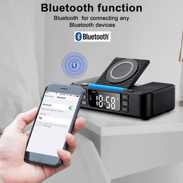 Alt view image 7 of 7 - 9-in-1 Wireless Charging Station with Bluetooth Speaker, Alarm Clock, FM Radio, Night Light Compatible iPhone 17/16/15/SamsungS25/S24/Android, USB/Type-C/AUX, Phone Holder, Adjustable Display