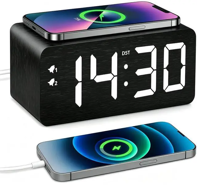 Main image of Wood Digital Alarm Clock with 10W Fast Wireless Charger, USB Charging Ports, DST, Dimmable, Snooze, Large Number LED Display for Bedrooms, Desk, Living Room Table, Bedside, Nightstand (Black)