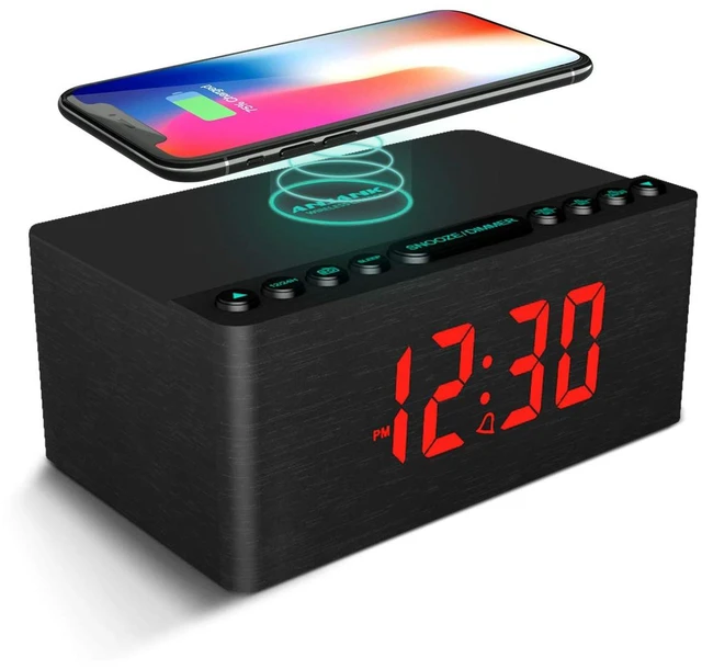 Main image of Wooden Digital Alarm Clock FM Radio,Qi Certified Fast Wireless Charger Station for iPhone/Samsung,Dimmable LED Display,USB Charging Port,Sleep Timer,Wood Modern Clock for Bedroom Bedside(Black)
