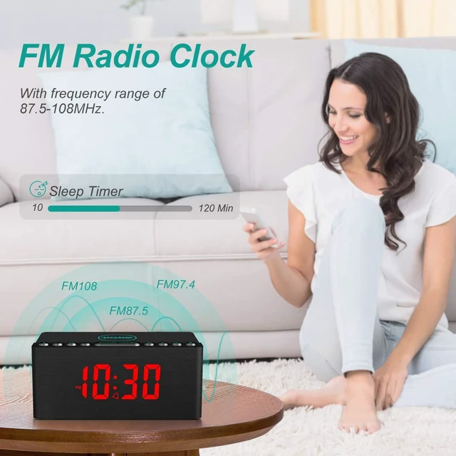 Alt view image 2 of 7 - Wooden Digital Alarm Clock FM Radio,Qi Certified Fast Wireless Charger Station for iPhone/Samsung,Dimmable LED Display,USB Charging Port,Sleep Timer,Wood Modern Clock for Bedroom Bedside(Black)