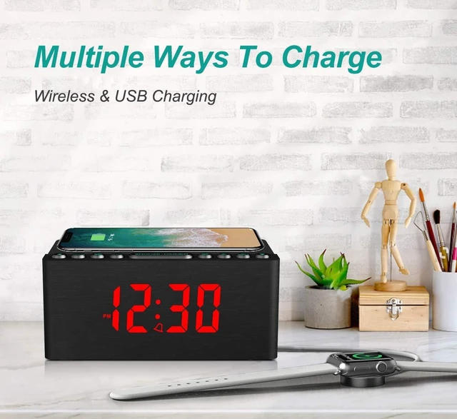 Alt view image 3 of 7 - Wooden Digital Alarm Clock FM Radio,Qi Certified Fast Wireless Charger Station for iPhone/Samsung,Dimmable LED Display,USB Charging Port,Sleep Timer,Wood Modern Clock for Bedroom Bedside(Black)