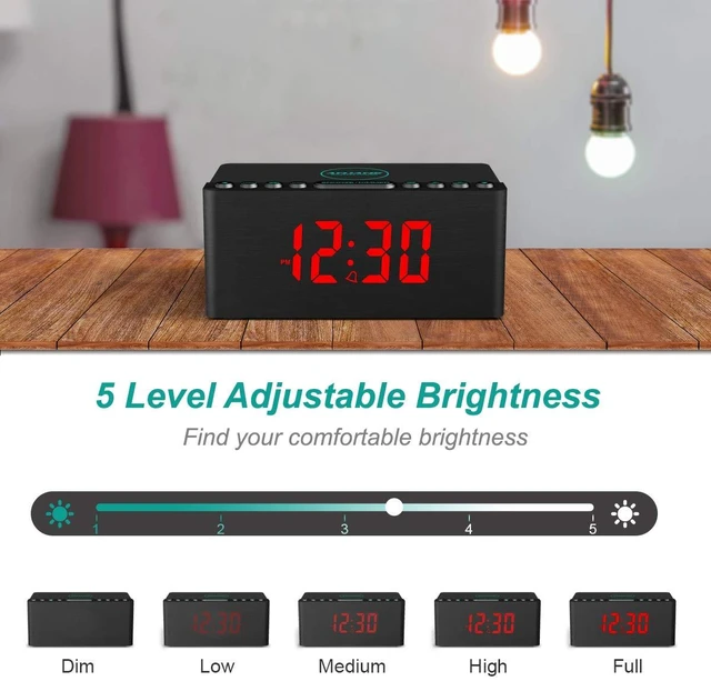 Alt view image 5 of 7 - Wooden Digital Alarm Clock FM Radio,Qi Certified Fast Wireless Charger Station for iPhone/Samsung,Dimmable LED Display,USB Charging Port,Sleep Timer,Wood Modern Clock for Bedroom Bedside(Black)