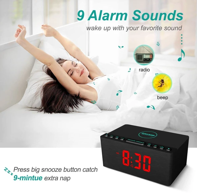 Alt view image 6 of 7 - Wooden Digital Alarm Clock FM Radio,Qi Certified Fast Wireless Charger Station for iPhone/Samsung,Dimmable LED Display,USB Charging Port,Sleep Timer,Wood Modern Clock for Bedroom Bedside(Black)