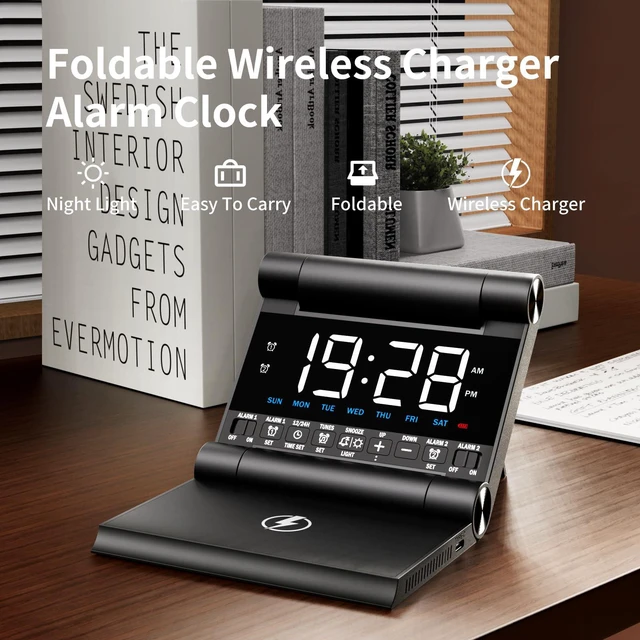 Alt view image 2 of 7 - Wireless Charging Alarm Clock with Heavy Sleepers for Bedroom | LED Loud Digital Clock, Build-in Battery, 4-Level Brightness, 6-Vol, 8-Ringtones, Ideal Gift for Teens, Travel, Adults