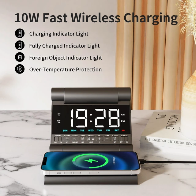 Alt view image 3 of 7 - Wireless Charging Alarm Clock with Heavy Sleepers for Bedroom | LED Loud Digital Clock, Build-in Battery, 4-Level Brightness, 6-Vol, 8-Ringtones, Ideal Gift for Teens, Travel, Adults