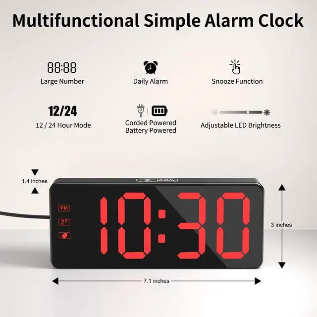 Alt view image 3 of 7 - Digital Alarm Clock with Backup Battery & 59" UL-Certified Charger - 3-Level Dimmer, Auto Night Mode, 2.4" Bold LED Display, Upgraded Buttons, Clock for Bedroom/Travel/Camping
