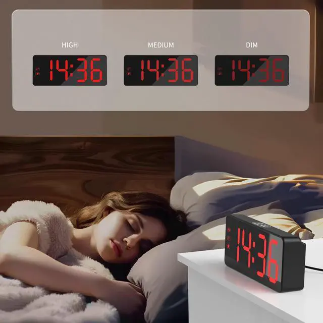 Alt view image 4 of 7 - Digital Alarm Clock with Backup Battery & 59" UL-Certified Charger - 3-Level Dimmer, Auto Night Mode, 2.4" Bold LED Display, Upgraded Buttons, Clock for Bedroom/Travel/Camping