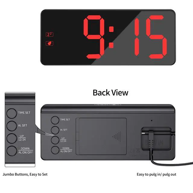 Alt view image 6 of 7 - Digital Alarm Clock with Backup Battery & 59" UL-Certified Charger - 3-Level Dimmer, Auto Night Mode, 2.4" Bold LED Display, Upgraded Buttons, Clock for Bedroom/Travel/Camping