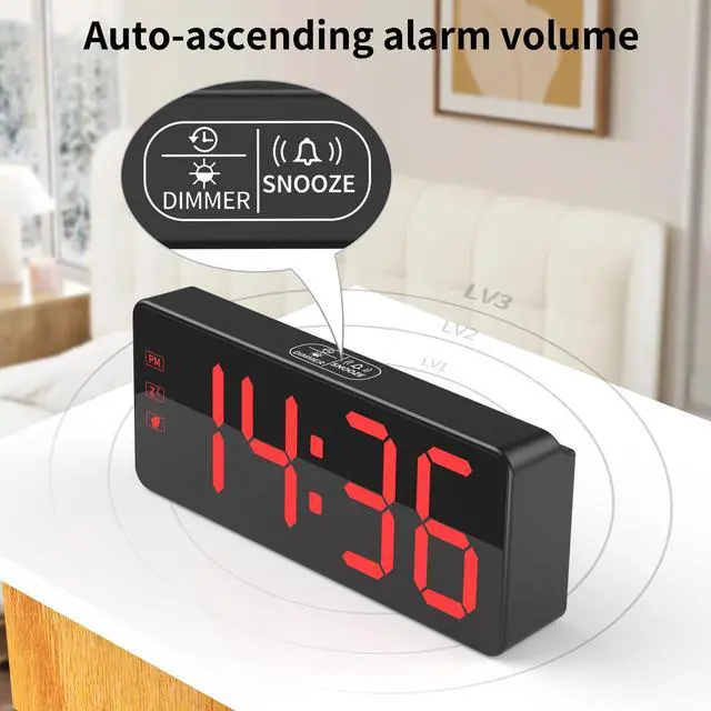 Alt view image 5 of 7 - Digital Alarm Clock with Backup Battery & 59" UL-Certified Charger - 3-Level Dimmer, Auto Night Mode, 2.4" Bold LED Display, Upgraded Buttons, Clock for Bedroom/Travel/Camping