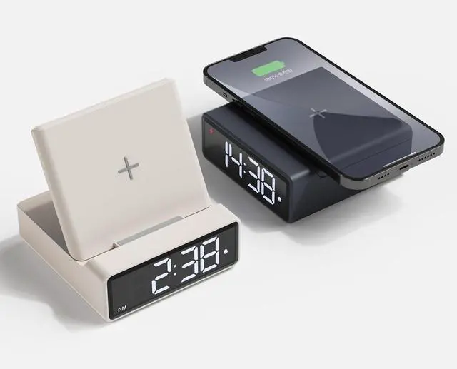Main image of Mini Square 15W Fast Wireless Charging Clock (Dark Gray), Digital Alarm Clock, 3-Level Brightness, 12/24H Mode, Wireless Charging pad, Compatible with iPhone, Samsung, LG, AirPods, Galaxy Buds