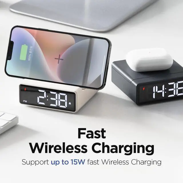 Alt view image 2 of 7 - Mini Square 15W Fast Wireless Charging Clock (Dark Gray), Digital Alarm Clock, 3-Level Brightness, 12/24H Mode, Wireless Charging pad, Compatible with iPhone, Samsung, LG, AirPods, Galaxy Buds