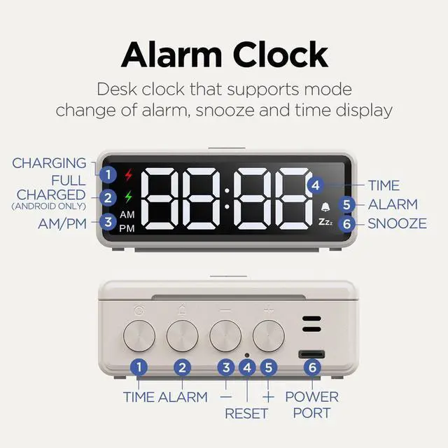 Alt view image 6 of 7 - Mini Square 15W Fast Wireless Charging Clock (Dark Gray), Digital Alarm Clock, 3-Level Brightness, 12/24H Mode, Wireless Charging pad, Compatible with iPhone, Samsung, LG, AirPods, Galaxy Buds