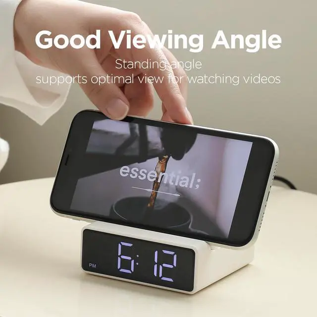 Alt view image 5 of 7 - Mini Square 15W Fast Wireless Charging Clock (Dark Gray), Digital Alarm Clock, 3-Level Brightness, 12/24H Mode, Wireless Charging pad, Compatible with iPhone, Samsung, LG, AirPods, Galaxy Buds