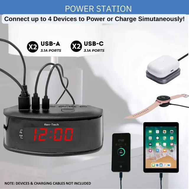 Alt view image 2 of 5 - Digital Alarm Clocks for Bedrooms, 2 x USB-C and 2 x USB-A Charging Ports. Loud Alarm Clock for Heavy Sleepers Perfect for Bedroom, Desk, and Office.
