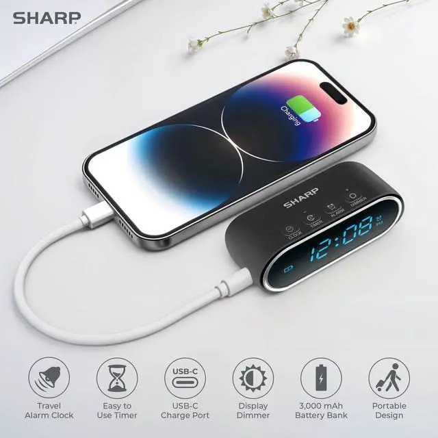 Alt view image 4 of 7 - Travel Alarm Clock with Rechargeable Mini Power Bank Portable Digital Alarm Clock with Countdown Timer, Adjustable Brightness, USB-C Emergency Phone Charger