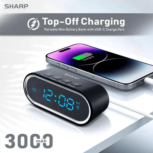Alt view image 5 of 7 - Travel Alarm Clock with Rechargeable Mini Power Bank Portable Digital Alarm Clock with Countdown Timer, Adjustable Brightness, USB-C Emergency Phone Charger