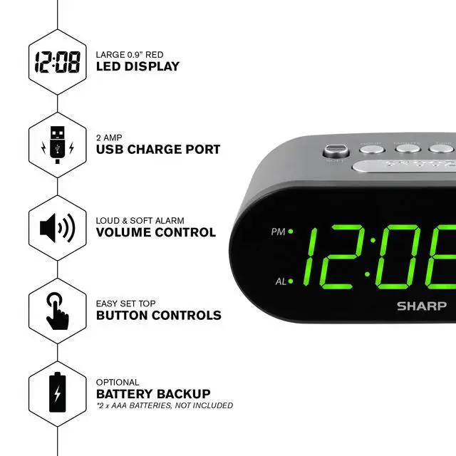 Alt view image 3 of 6 - Digital Easy to Read Alarm Clock with 2 AMP High-Speed USB Charging Power Port - Charge Your Phone, Tablet with a high Speed Charge! Simple, Easy to Use Operation, Black Green LEDs