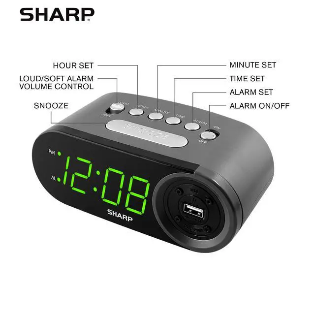 Alt view image 4 of 6 - Digital Easy to Read Alarm Clock with 2 AMP High-Speed USB Charging Power Port - Charge Your Phone, Tablet with a high Speed Charge! Simple, Easy to Use Operation, Black Green LEDs