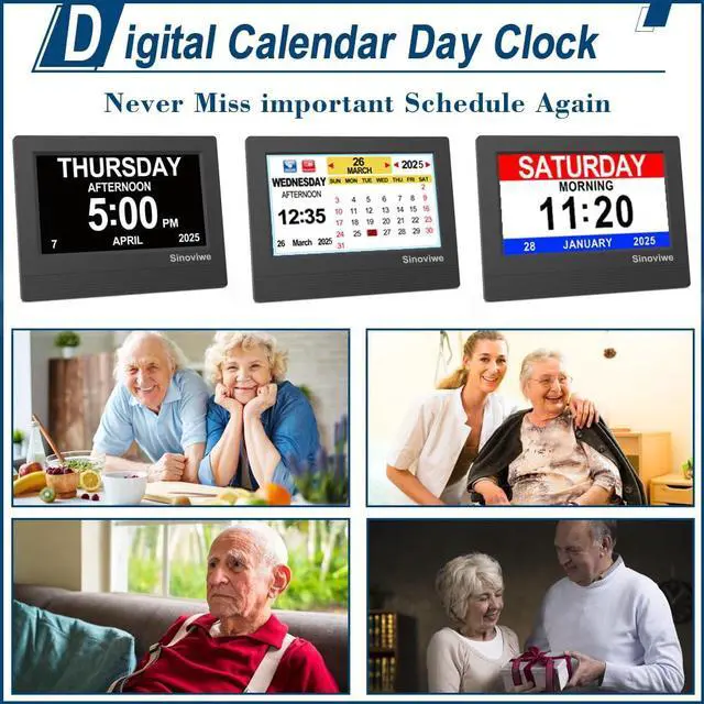 Alt view image 2 of 7 - Digital Alarm Clock 7" HD Large Screen Digital Calendar with Auto-Dimming, Clear Day/Date Display for Alzheimer's Dementia Seniors & Low Vision with Remote Control and Custom Reminder Function(Black)