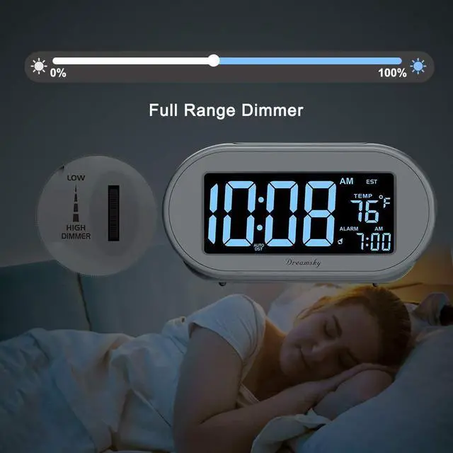 Alt view image 4 of 7 - Alarm Clocks for Bedrooms, Auto Set Digital Desk Clock for Bedside Nightstand, Electric Clock with Dimmable Brightness Dimmer, Auto DST, USB Port, Date, Temperature, Snooze